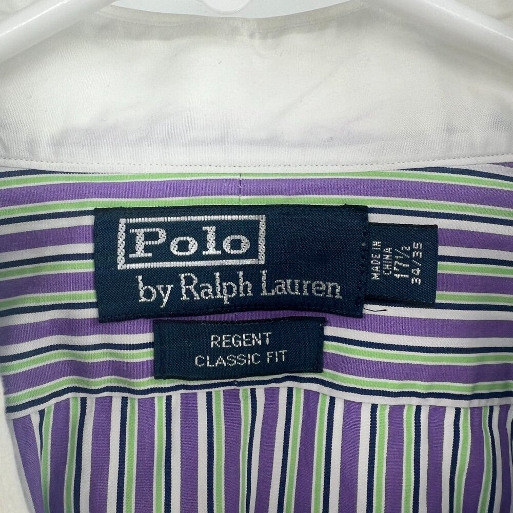 Polo by Ralph Lauren Regent Classic Fit Purple Green Striped Shirt 17.5 34/35 - Picture 2 of 4
